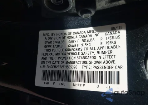 2015 Honda Civic Lx z USA, uszkodzony, nr VIN 2HGFB2F52FH565326